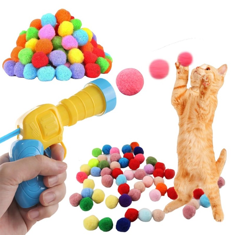 Mini Indoor Pet Interactive & Movement Toy Plush Ball Shooting Gun with Foam Balls Blasters for Launching Hairballs Fun for Cats