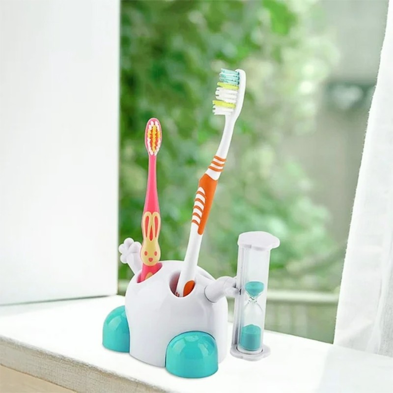 Timer Toothbrush Holder Tray 4 Toothbrush Holes Cartoon Design for Boys and Girls Hourglass Shape Blue for Bathroom