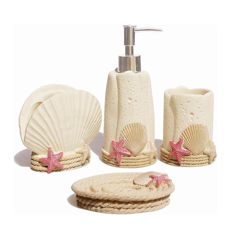 5-Piece Beige Resin Bathroom Accessory Set Includes Lotion Soap Dispenser Toothbrush Holder Vanity Tray 2 Cups Resin Crafts