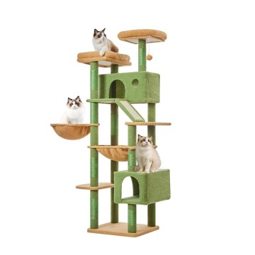 Adjustable Height Floor-to-Ceiling Wooden Cat Tree & Tower with Space Capsule Bed Large-Sized Cat Furniture for Indoor Cats