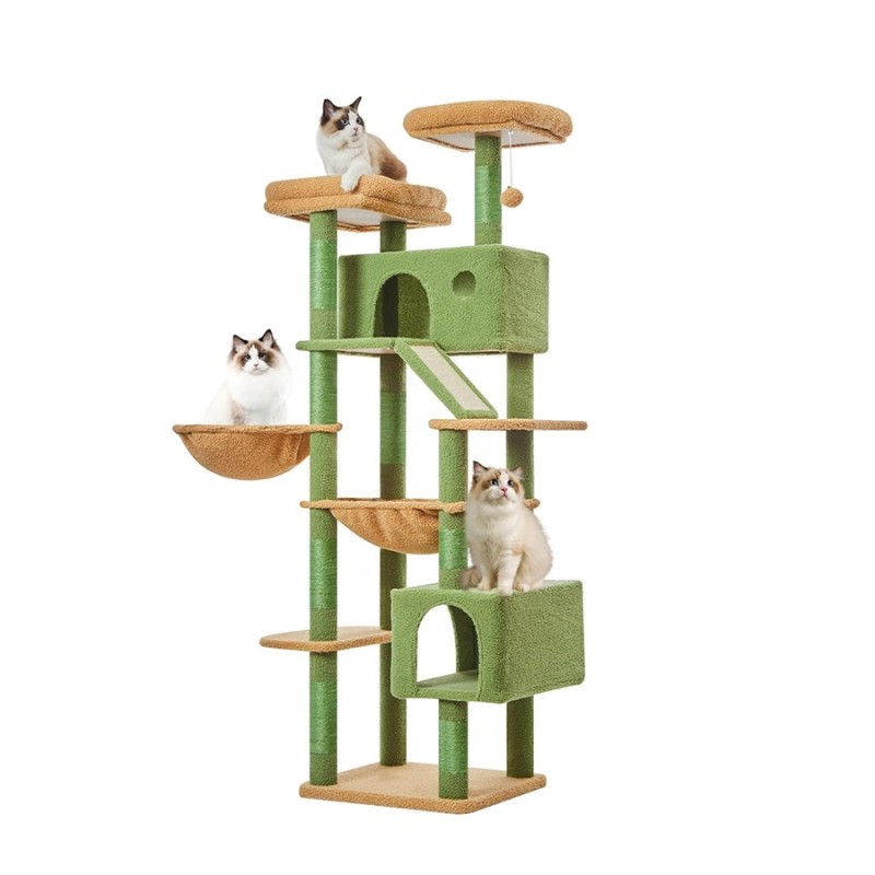 Adjustable Height Floor-to-Ceiling Wooden Cat Tree & Tower with Space Capsule Bed Large-Sized Cat Furniture for Indoor Cats
