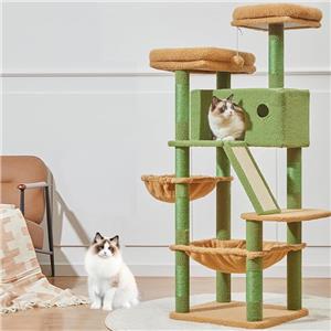 Adjustable Height Floor-to-Ceiling Wooden Cat Tree & Tower with Space Capsule Bed Large-Sized Cat Furniture for Indoor Cats