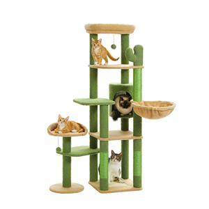 Adjustable Height Floor-to-Ceiling Wooden Cat Tree & Tower with Space Capsule Bed Large-Sized Cat Furniture for Indoor Cats