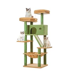 Adjustable Height Floor-to-Ceiling Wooden Cat Tree & Tower with Space Capsule Bed Large-Sized Cat Furniture for Indoor Cats