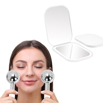 Portable LED Handheld Mirror with Stainless Steel Eye Ice Globes Set - Facial Massage Tools for Puffy Eyes & Skin Tightening