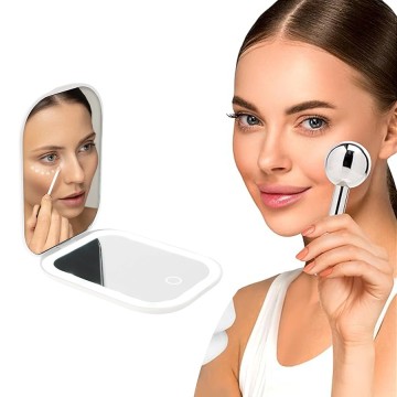 Foldable LED Travel Mirror with Magnetic Stainless Steel Eye Ice Globes - Space-Saving Design for Hassle-Free Beauty On-The-Move