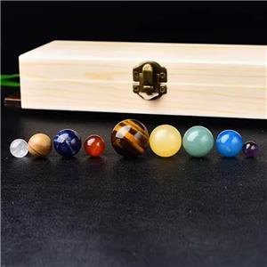 Nine Planets Solar System Crystal Nature Stone Ball Healing Chakra Stone Set Wood Box Creative Desk Home Decorations
