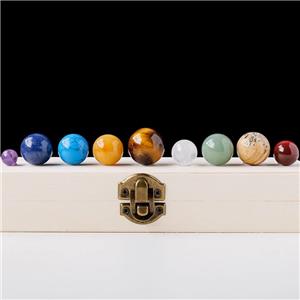 Nine Planets Solar System Crystal Nature Stone Ball Healing Chakra Stone Set Wood Box Creative Desk Home Decorations