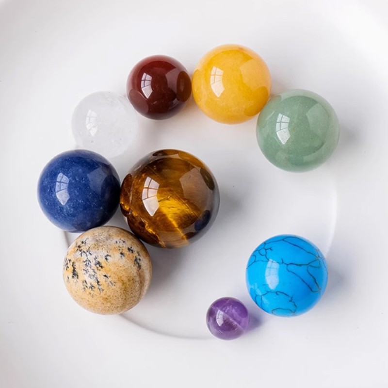 Nine Planets Solar System Crystal Nature Stone Ball Healing Chakra Stone Set Wood Box Creative Desk Home Decorations