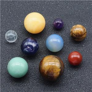 Nine Planets Solar System Crystal Nature Stone Ball Healing Chakra Stone Set Wood Box Creative Desk Home Decorations