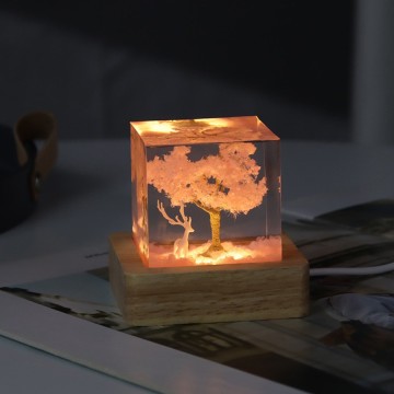 Pink Cherry Blossom Tree White Moose Decorative Ornaments Epoxy Resin Night Lights Novelty Gifts for Bedroom Living Room Holiday