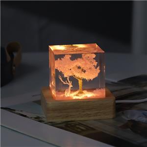 Creative 5cm Cube Pink Cherry Blossom Tree Deer Moose Craft Table Ornament Epoxy Resin Statue Night Light Kids Room Decor Gifts