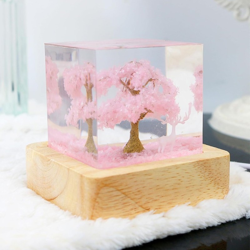 Creative 5cm Cube Pink Cherry Blossom Tree Deer Moose Craft Table Ornament Epoxy Resin Statue Night Light Kids Room Decor Gifts