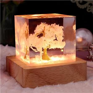 Creative 5cm Cube Pink Cherry Blossom Tree Deer Moose Craft Table Ornament Epoxy Resin Statue Night Light Kids Room Decor Gifts