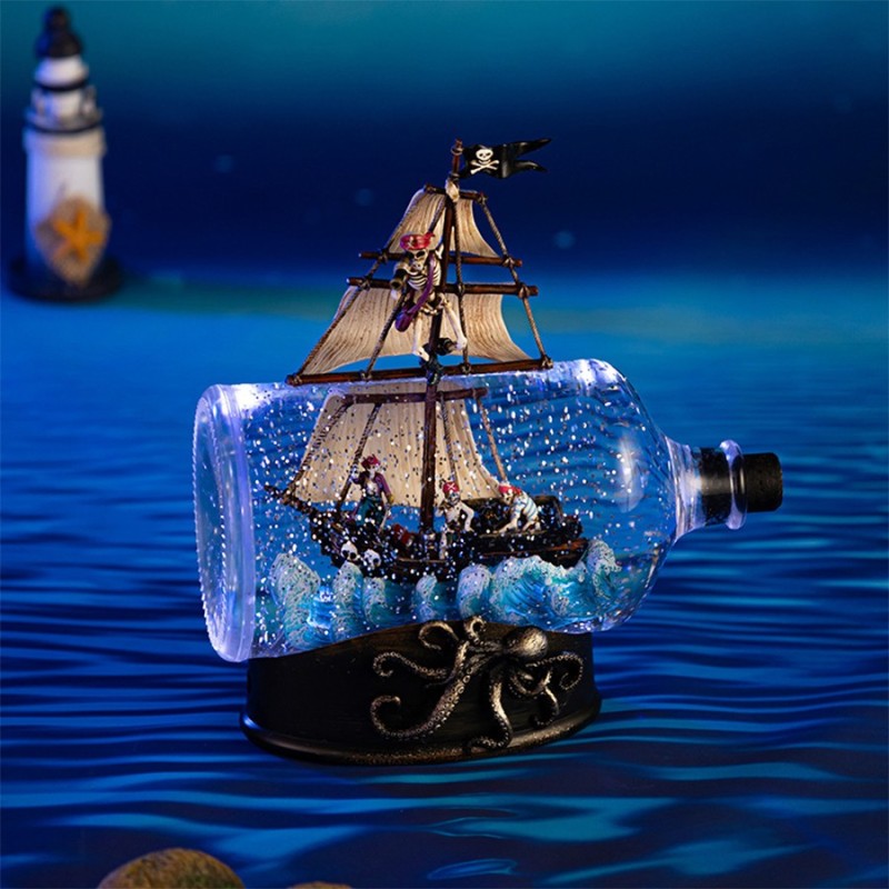 Hot Sale! Caribbean Pirate Ship Snow Globe Music Box, Light-Up Home Decor, Christmas Gift, AA Battery/USB Operated