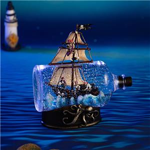 Hot Sale! Caribbean Pirate Ship Snow Globe Music Box, Light-Up Home Decor, Christmas Gift, AA Battery/USB Operated