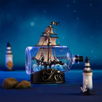 Pirates of the Caribbean Music Box with LED Lights & Snowflake Effect, PC Non-toxic Plastic 26cm Height, Battery & USB Powered