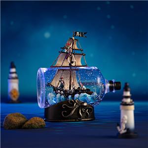 Hot Sale! Caribbean Pirate Ship Snow Globe Music Box, Light-Up Home Decor, Christmas Gift, AA Battery/USB Operated