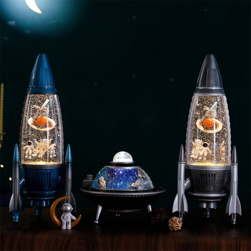 Rocket Aircraft Rotating Music Box with LED Light & Snowflake Effect for Kids Gift