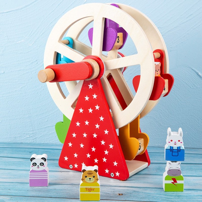 Early Education Toy: Hand-Cranked Wooden Ferris Wheel with Removable Animal Figures