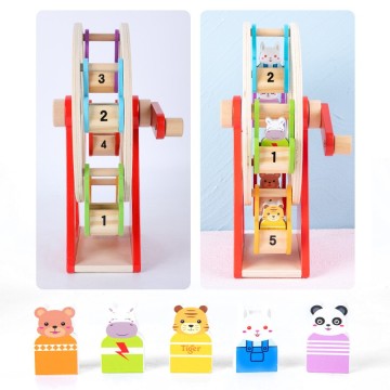 Wooden Hand-Cranked Ferris Wheel Toy with Animal Figures - Early Learning & Parent-Child Interaction
