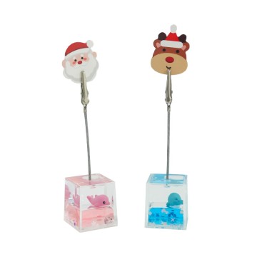 Oil-Filled Acrylic Desktop Photo/Message/Business Card Clip with Santa/Reindeer Design for Festive Decoration