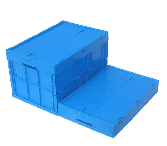 フタ付き青いプラスチック製の折り畳みコンテナ