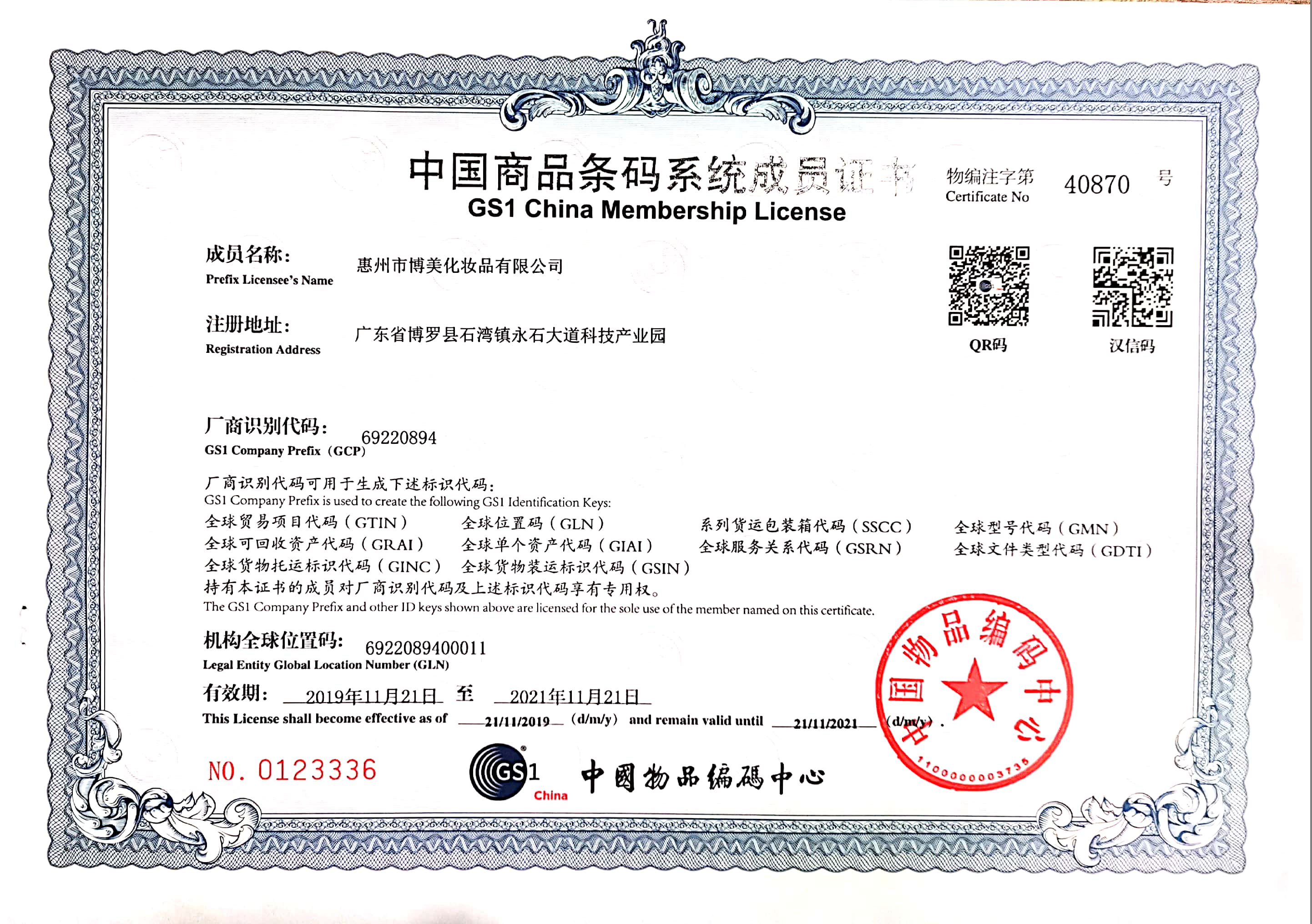 Certificato membro del sistema di codici a barre delle merci in Cina 2019-2021