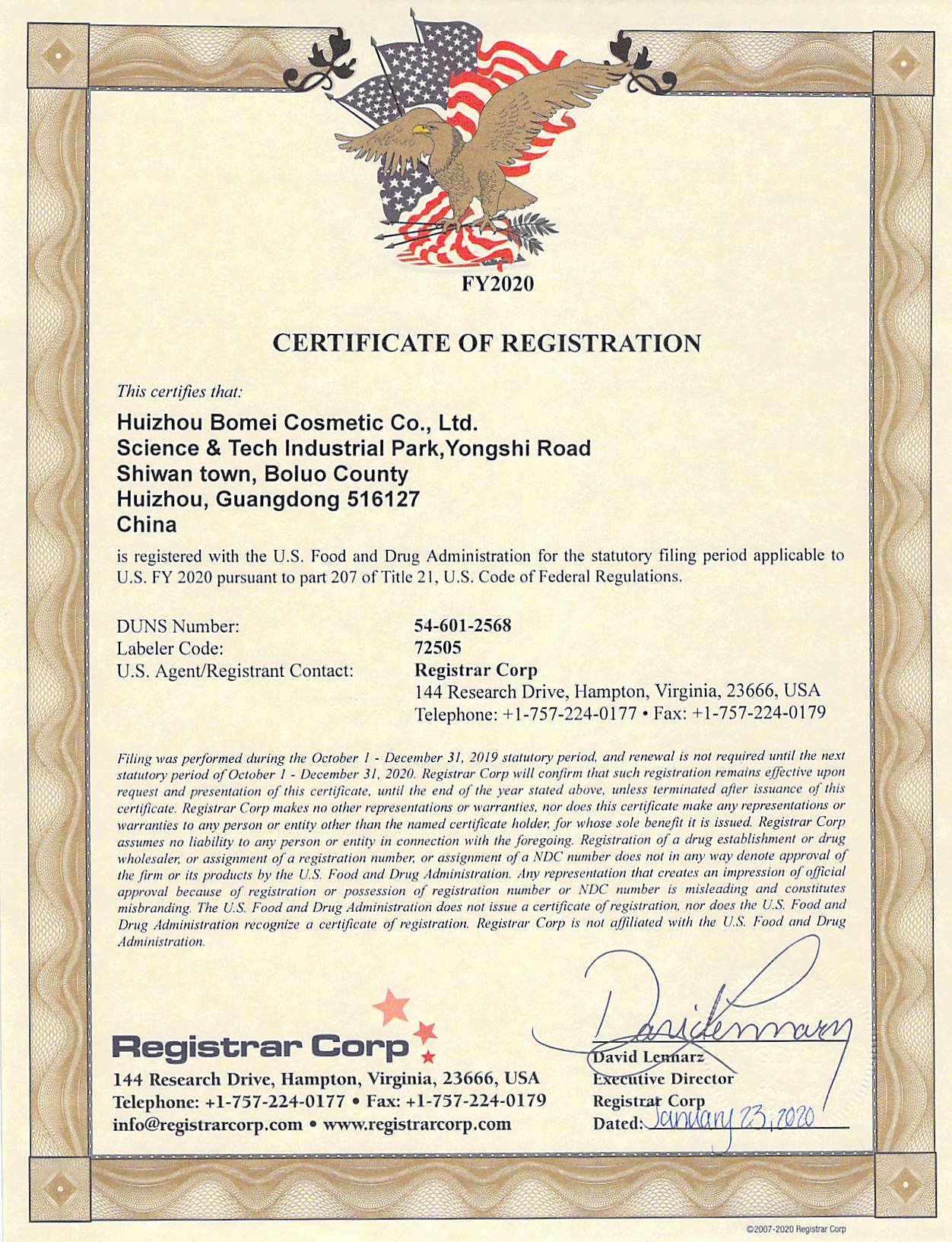 FDA Certificate 2020