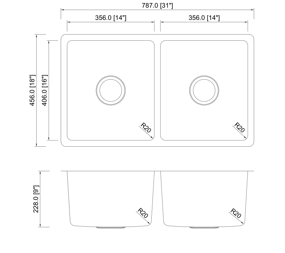 R20 SS304 Undermount Double Bowl Drawn Sink