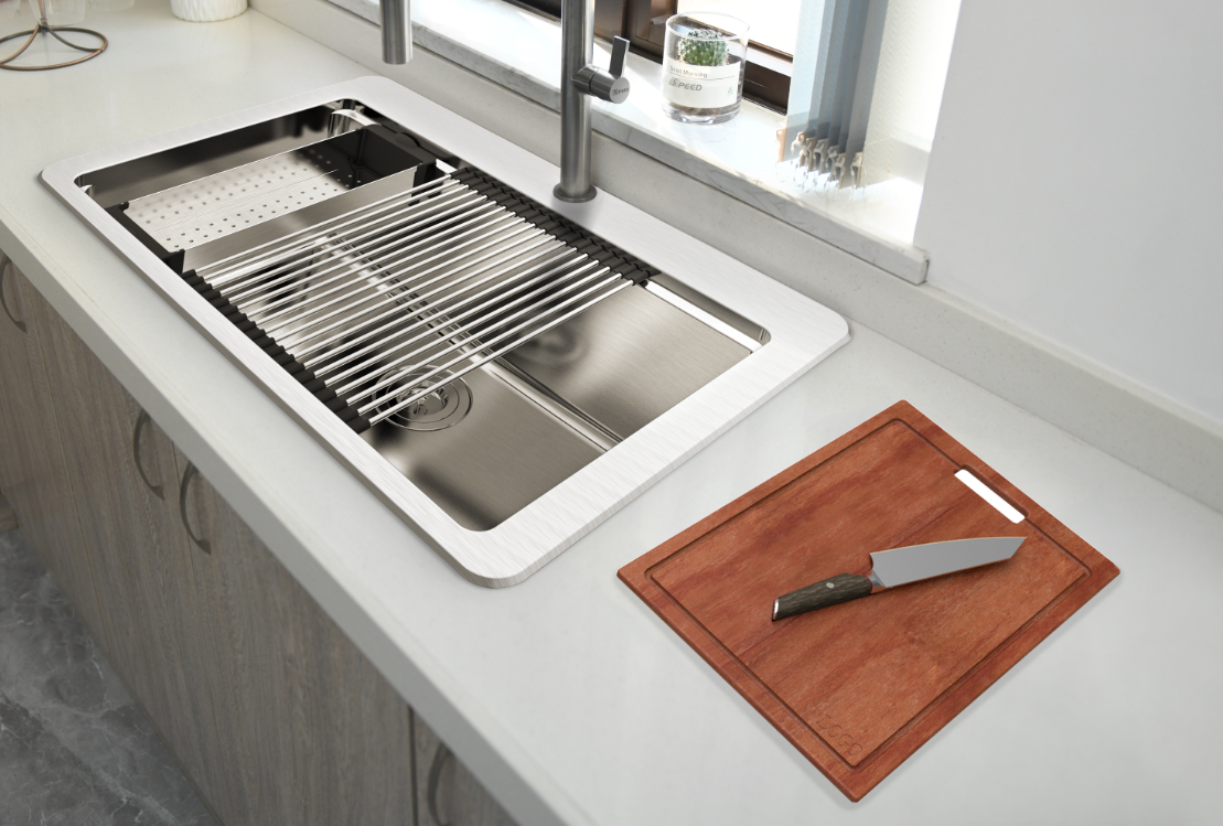 Fregadero de cocina de estación de trabajo estampado