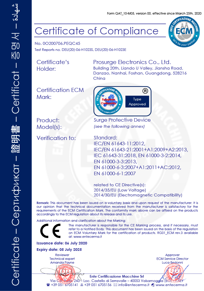 Los dispositivos de protección contra sobretensiones de Prosurge tienen la marca CE