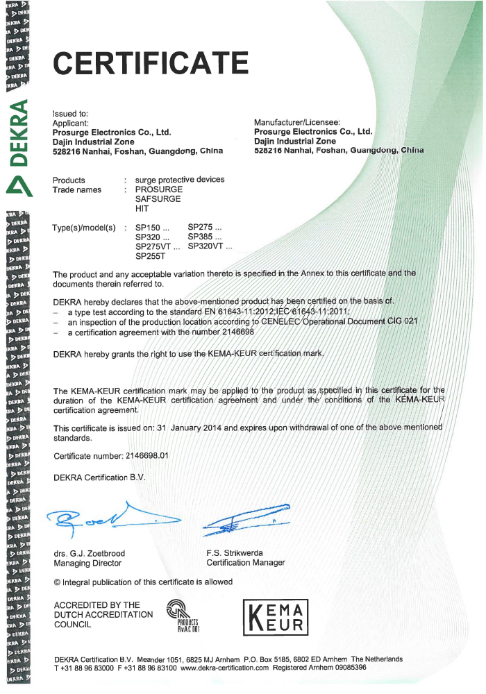 Prosurge Class II SPD certified with KEMA as per IEC61643-11
