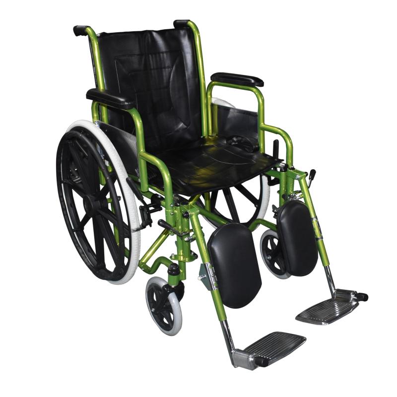 Cadeira de rodas autopropulsionada em aço com suporte ortopédico para as pernas e apoios de braço para mesa.