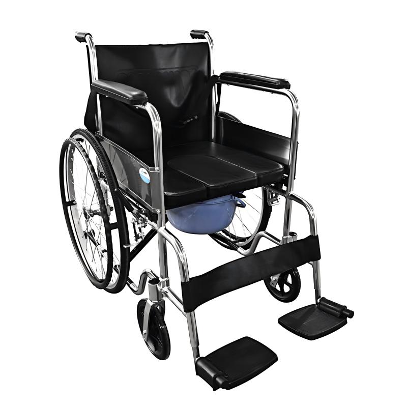 Folding Commode Wheelchair with Aluminum Frame and PU Seat