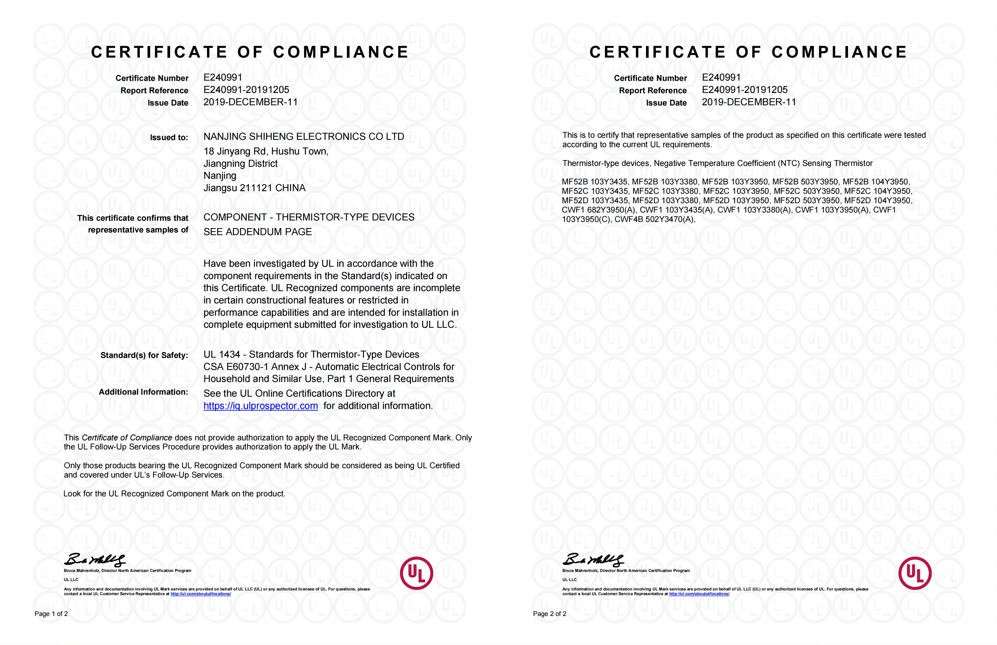 MF52 BCD 、CWF UL Certificate