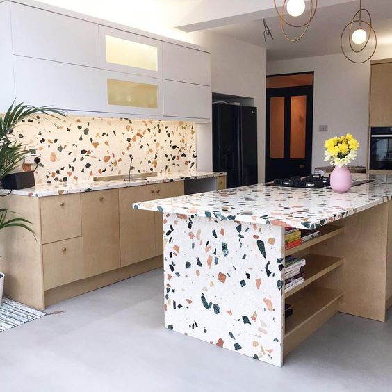 How does the decorative effect of terrazzo stone countertop compare to traditional marble?