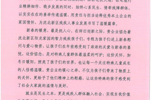 رسالة تقدير من اتحاد الأشخاص ذوي الإعاقة في منطقة شينبي الجديدة إلى شركة نورث إيست سولي للكابلات المحدودة.