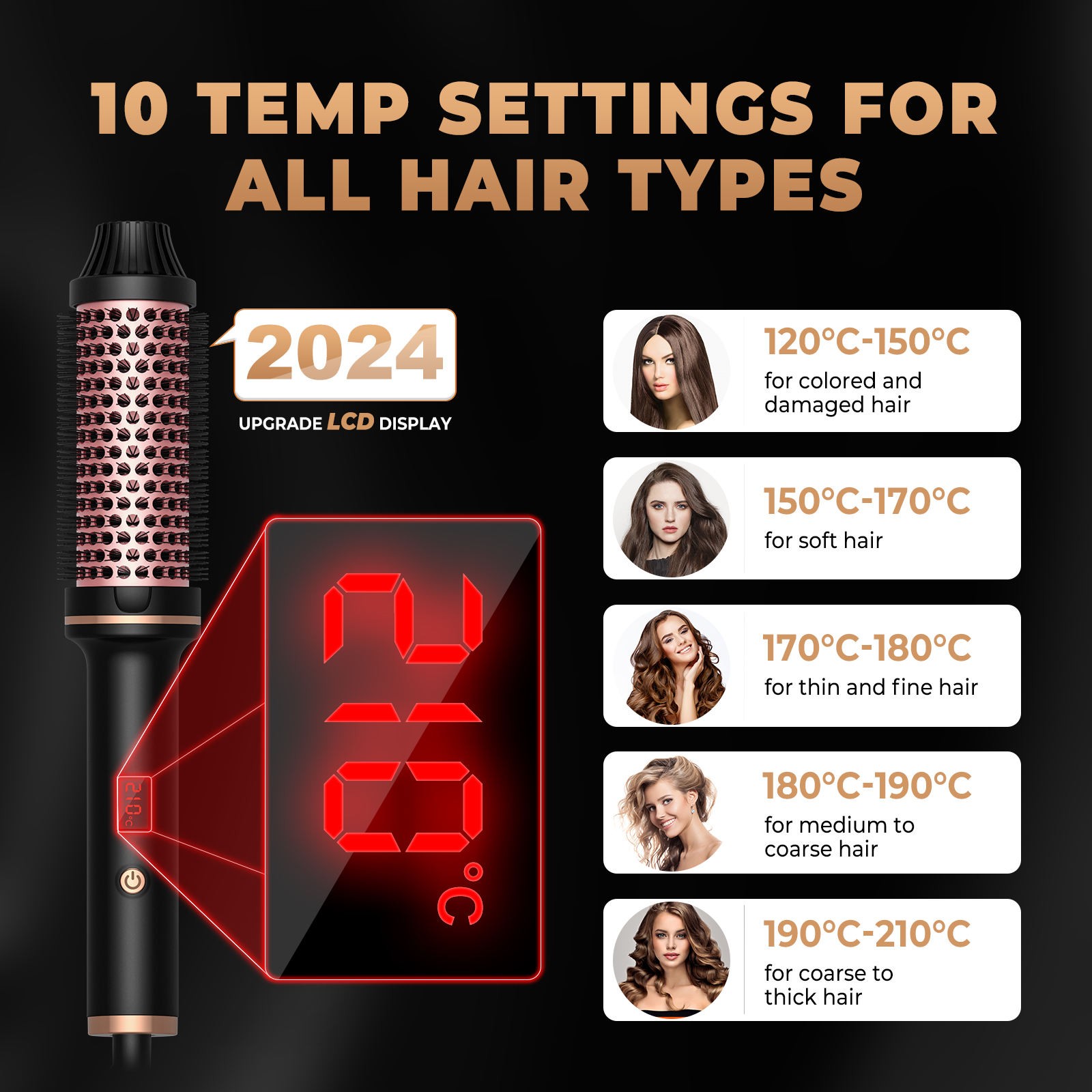 2025 Portable 3 in 1 PTC Ceramic Fast Heated Hair Curler Brush Volumizing Ceramic Hair Styling Tools Smoothing Brush With LCD