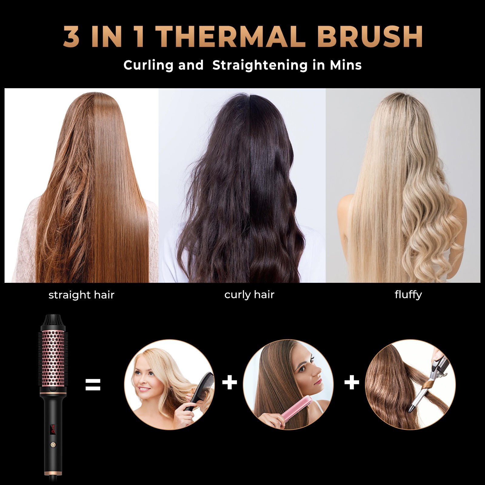 2025 Portable 3 in 1 PTC Ceramic Fast Heated Hair Curler Brush Volumizing Ceramic Hair Styling Tools Smoothing Brush With LCD