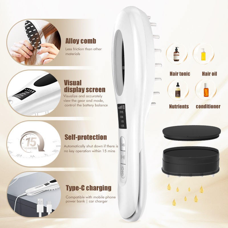 Wireless Infrared Vibration Comb for Hair Growth 6-in-1 Scalp Oil Applicator and Red & Blue Light Therapy Massager
