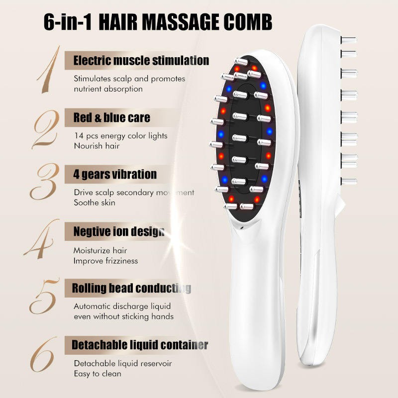Wireless Infrared Vibration Comb for Hair Growth 6-in-1 Scalp Oil Applicator and Red & Blue Light Therapy Massager