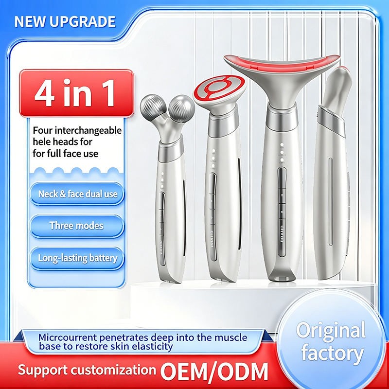 Home Use 4-in-1 Portable Microcurrent Facial & Neck Beauty Device Heat Therapy Face Eye Massager Roller for Lifting Tightening
