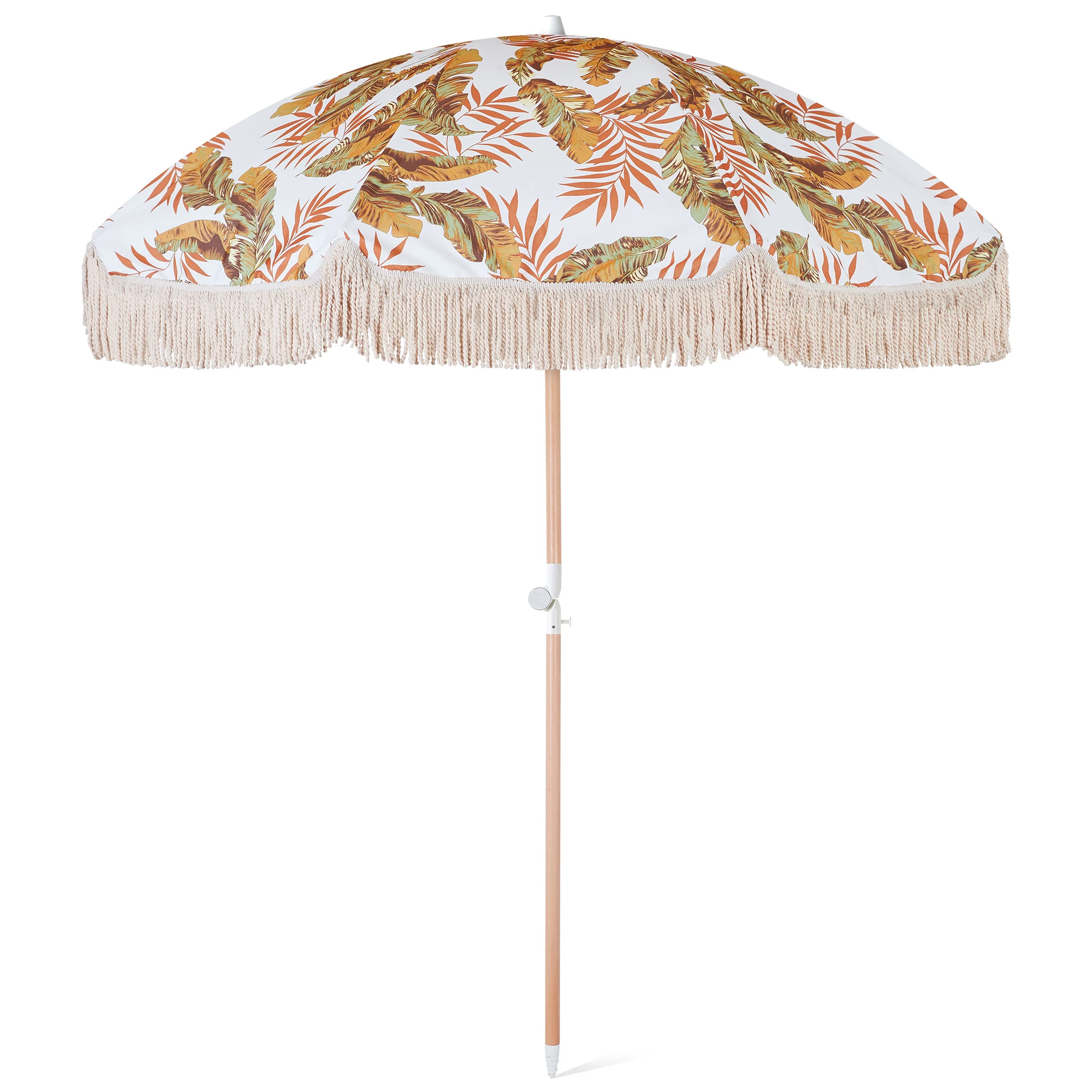 6.5ft Tilt Wood Pole Beach Umbrella With Tassels