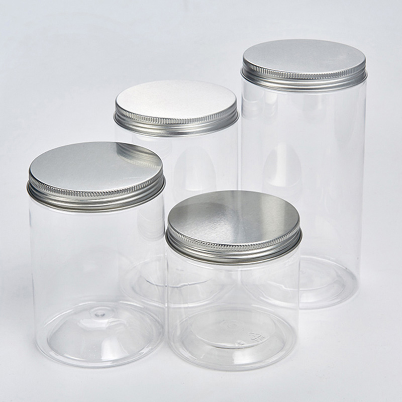 Frascos de almacenamiento de plástico transparente con tapa de aluminio