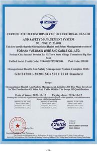 職業健康安全管理體系合格證書