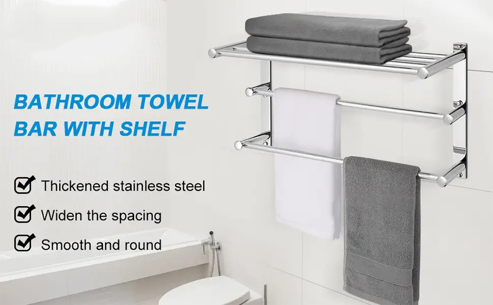 bathroom shelf with towel bar