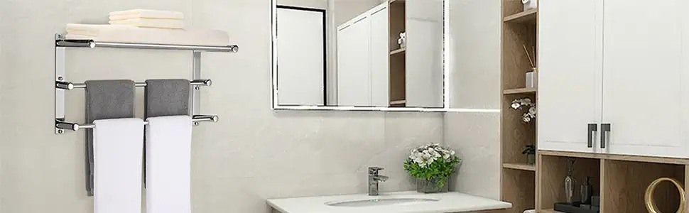 bathroom shelf with towel bar