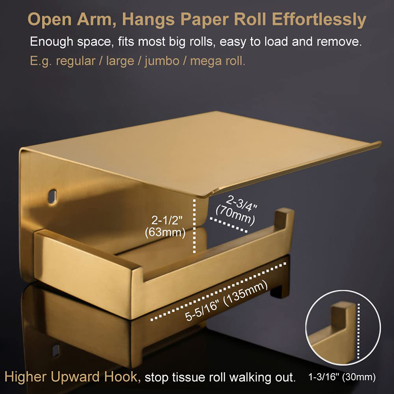 Toilet paper holder with shelf brushed gold