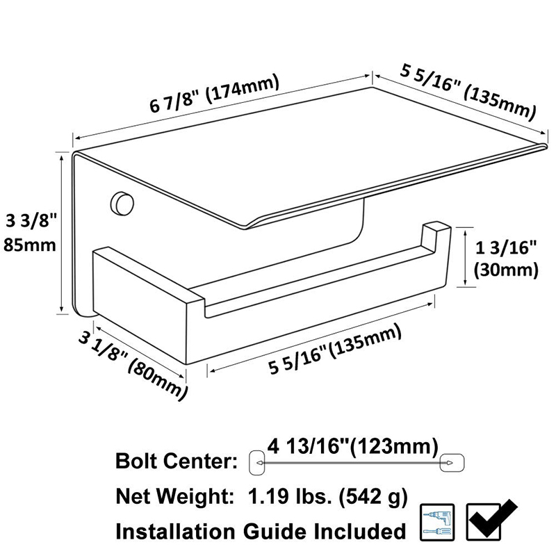 Toilet paper holder with shelf brushed gold